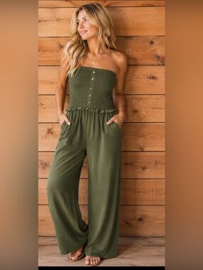 Speed Limit MPH Brand Olive Strapless Wide-Leg Jumpsuit Size M